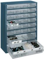 Schuifladenmagazijn met 28 laden gesort. blauw Schuifladenmagazijn met 28 laden gesort. blauw